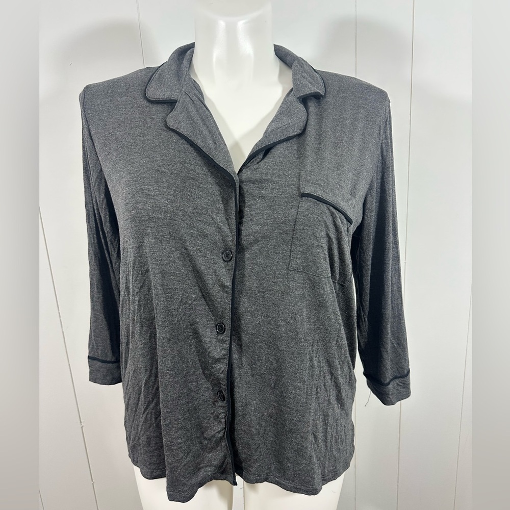 NWT Vera Wang Simply Vera Sz L Button Down Gray Pajama Top Shirt 3/4 Sleeve